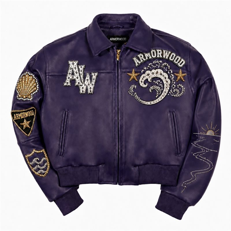 Custom Cropped Genuine Leather Jacket with Applique Embroidery Design