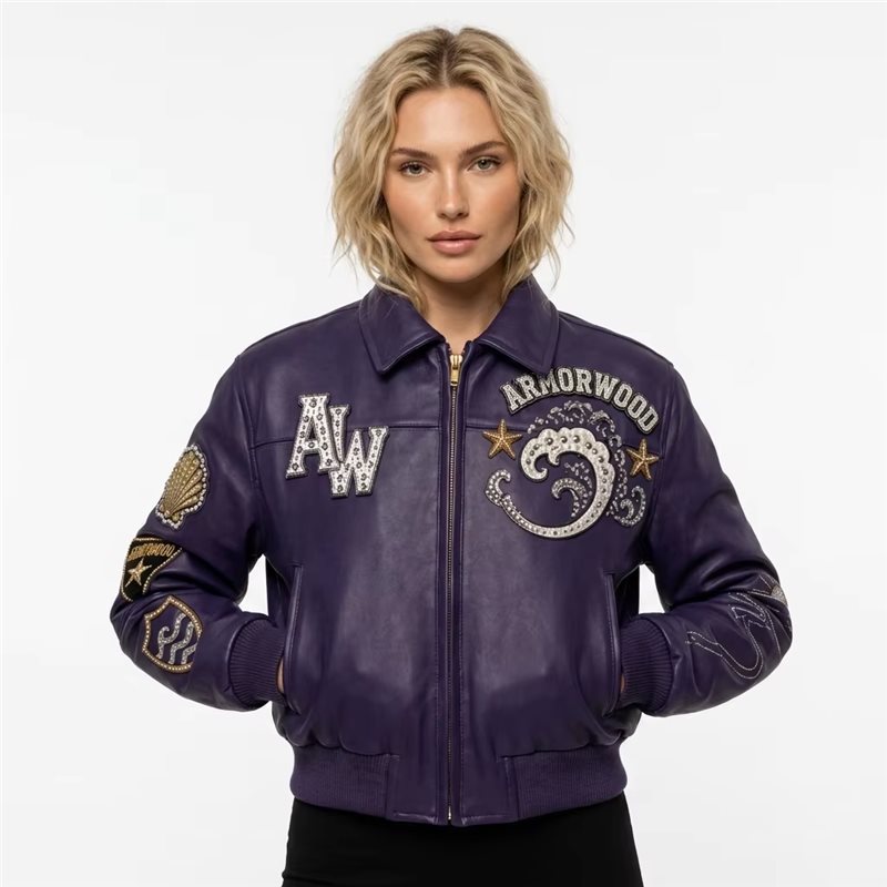 Custom Cropped Genuine Leather Jacket with Applique Embroidery Designs