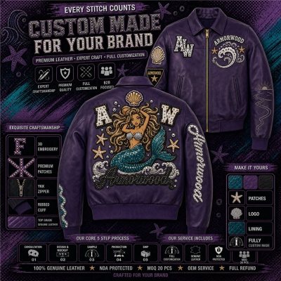 Women Fall Genuine Leather Jacket, Rhinestone, Custom Made to Order