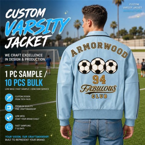 Custom Men's Player Applique Embroidery Sheepskin Varsity Uniform Jacket, Genuine Leather