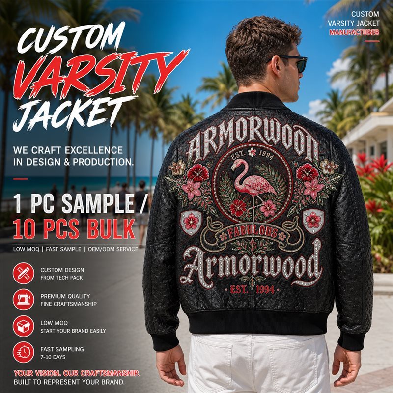 Custom Luxury Embroidery Rhinestone Applique Men's Leather Jacket