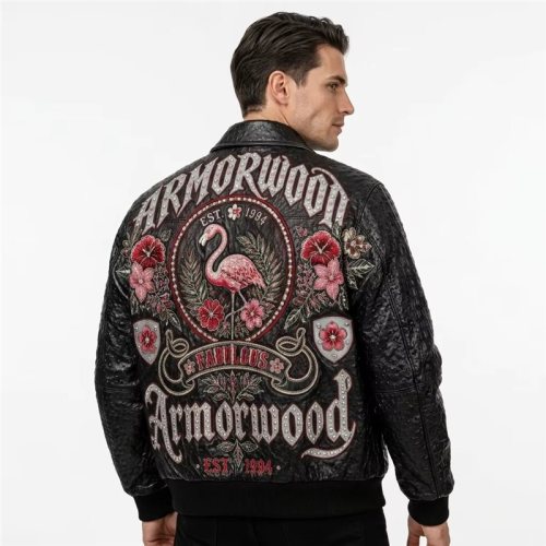 Plain Embroidery Lambskin Bomber Jacket, Genuine Leather for Men