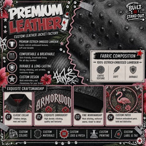 Plain Embroidery Lambskin Bomber Jacket, Genuine Leather for Men