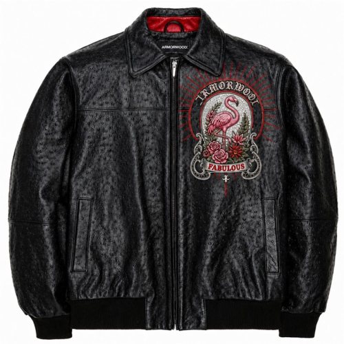 Plain Embroidery Lambskin Bomber Jacket, Genuine Leather for Men