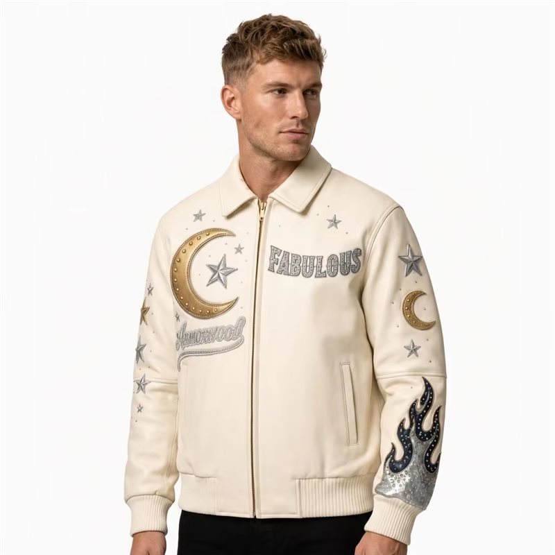 Applique Embroidery Leather Jacket Custom Men