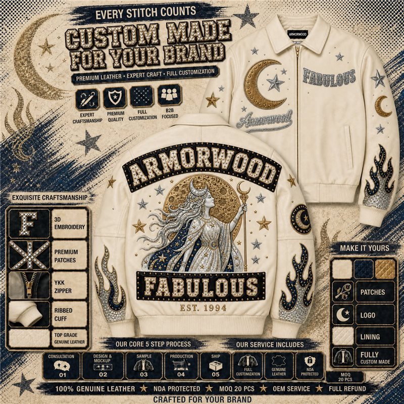 Custom Made Applique Embroidery Genuine Leather Outerwear Men