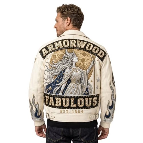 High Street Men's Rhinestone Applique Jacket, Genuine Leather