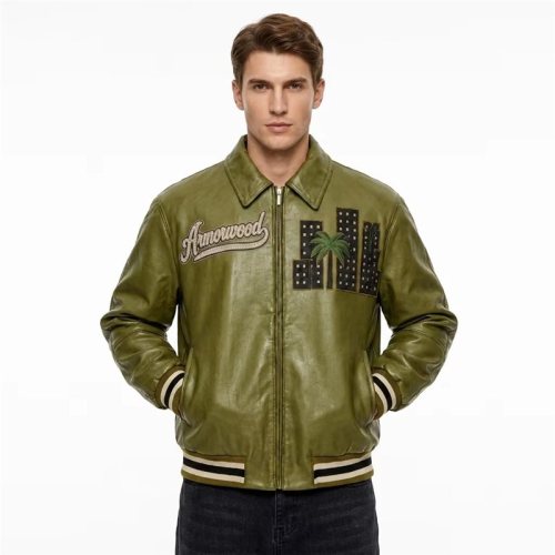 High Street Men's Fall Cowhide Leather Aviator Jacket, Rhinestone