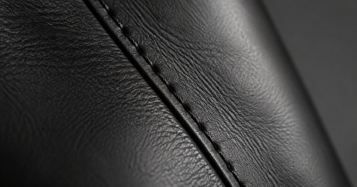 Close-up of black full-grain leather and a stitched seam on a men's leather jacket panel