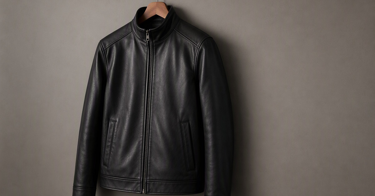 Black men's leather jacket on a wooden hanger against a plain studio wall