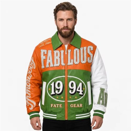 Contrast Genuine Leather Aviator Men's Jacket, Rhinestone, Lambskin