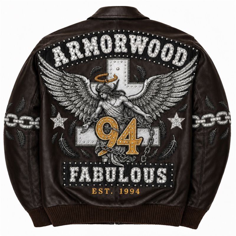Custom Men's Applique Embroidery Leather Jacket with Rhinestone