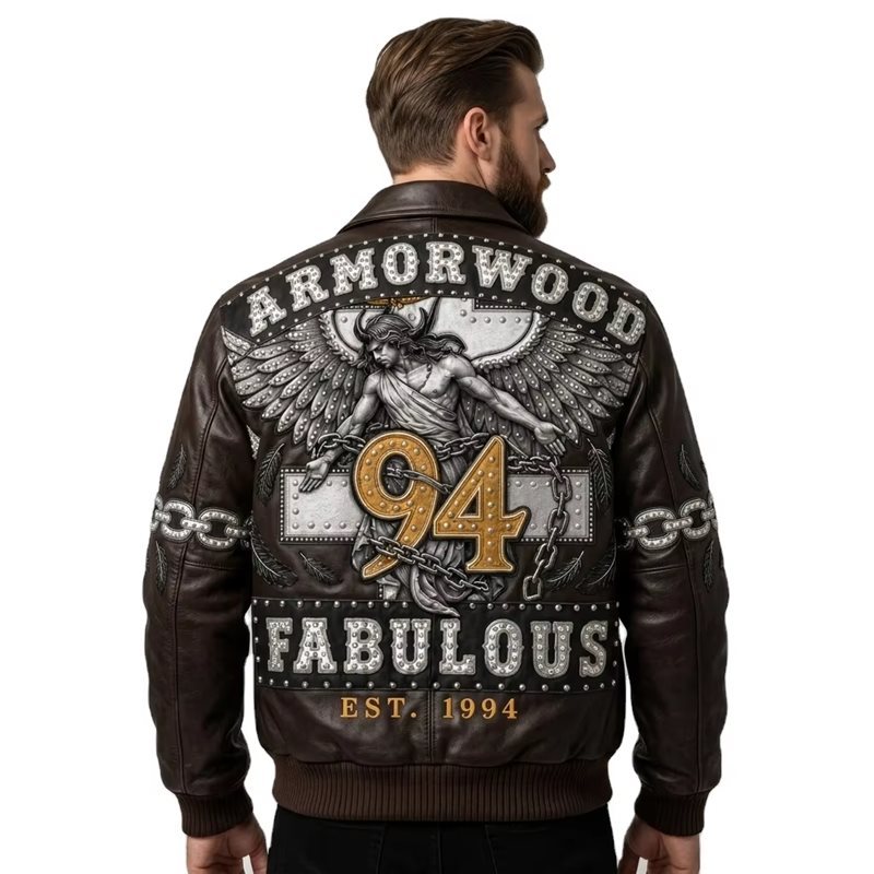 Custom Men's Applique Embroidery Leather Jackets with Rhinestone