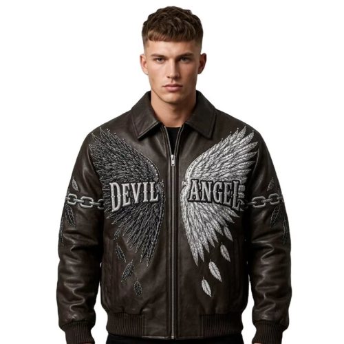 Handmade Men's Plain Embroidery Leather Jacket, Rhinestone, Lambskin