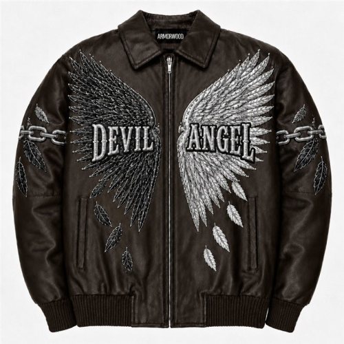 Handmade Men's Plain Embroidery Leather Jacket, Rhinestone, Lambskin