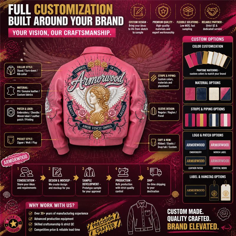 Custom Applique Embroidery Leather Jacket for Women