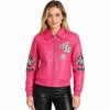 Women Lambskin Cropped Bomber Jacket, Genuine Leather, Applique