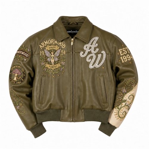 Women Leather Coach Jacket with Applique Embroidery, Rhinestone