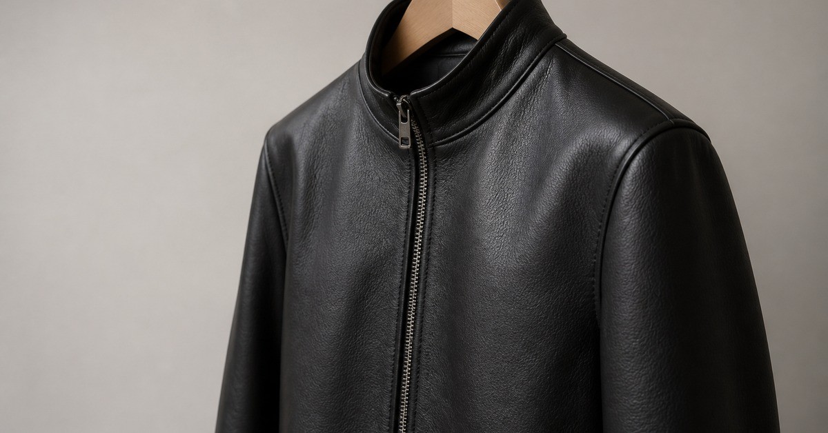 Black men's leather jacket on a wooden hanger against a plain studio wall