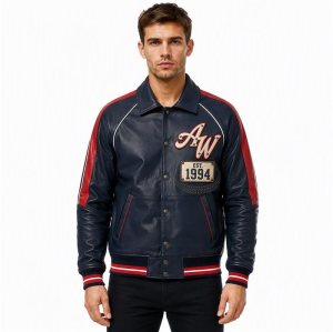 Custom Cowhide Aviator Bomber Jacket, Genuine Leather, Applique
