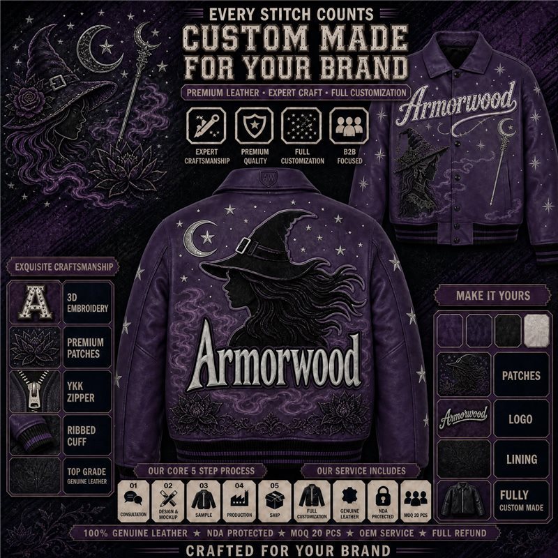 Custom Cowhide Applique Embroidery Leather Aviator Jacket with Rhinestone
