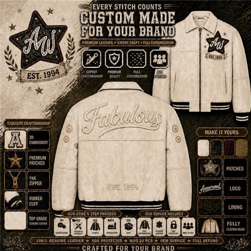 Bespoke Filling Embroidery Men's Genuine Leather Baseball Jacket