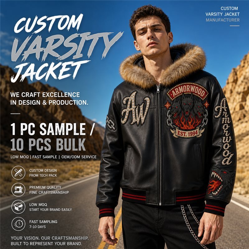 Custom Men's Fall Winter Leather Aviator Bomber Jacket with Hood