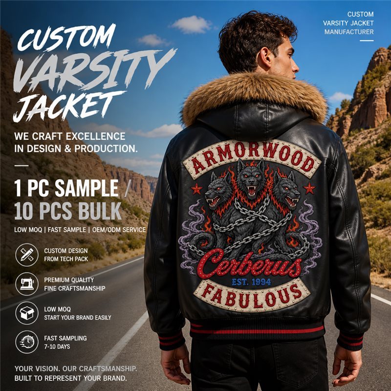 Custom Men's Fall Winter Leather Aviator Bomber Jacket with Hooded