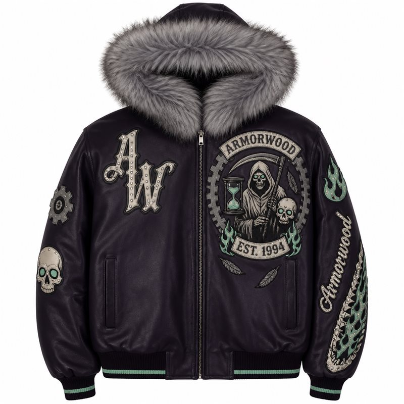 Bespoke Men's Fall Winter Leather Bomber Jacket with Hooded