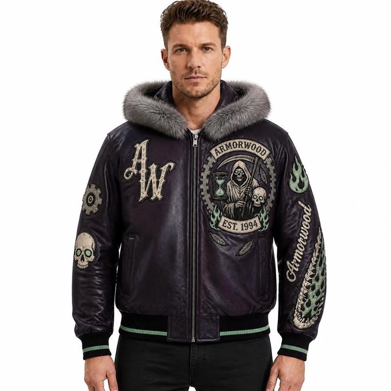 Bespoke Men's Fall Winter Leather Bomber Jackets with Hooded