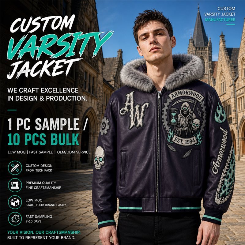 Custom Luxury Genuine Leather Varsity Jacket with Fur Hooded