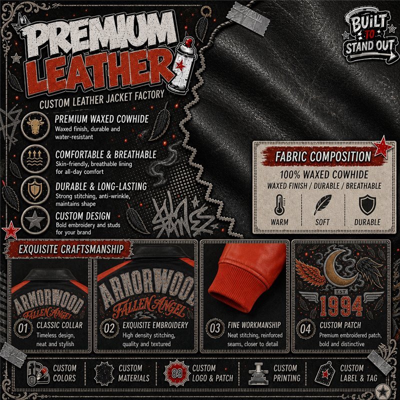 Bespoke Waxed Cowhide Leather Baseball Jacket for Men