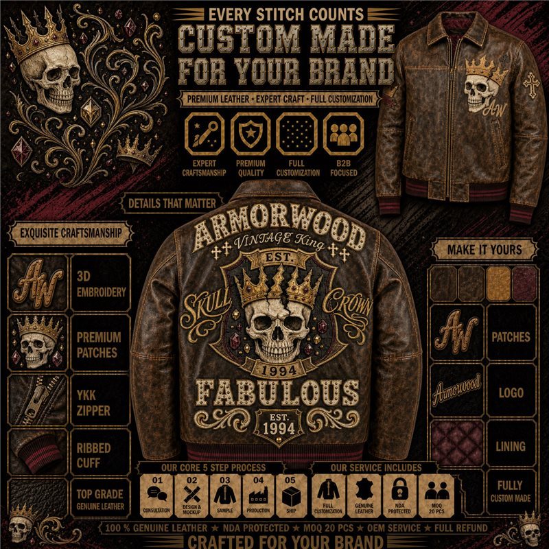 Custom Applique Embroidery Leather Bomber Jacket