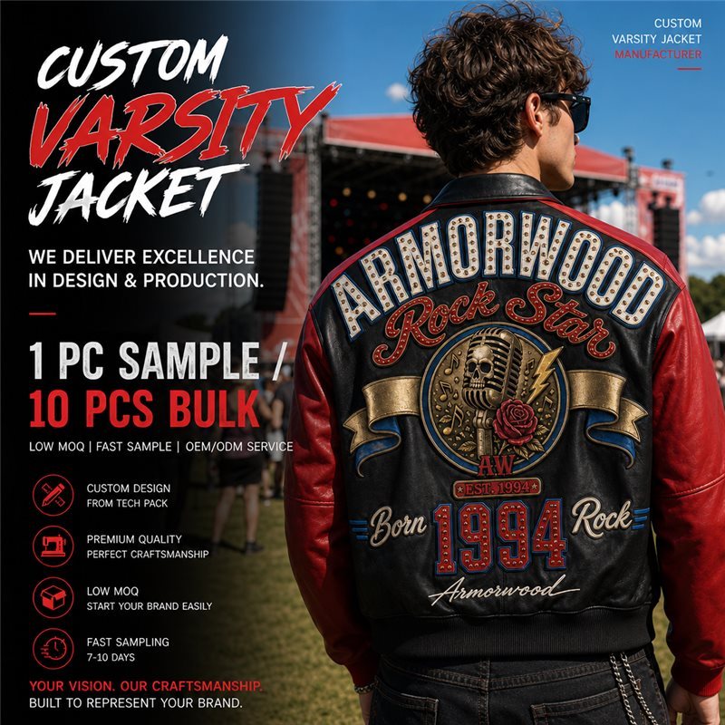 Custom Punk Rock Contrast Leather Varsity Jacket with Applique