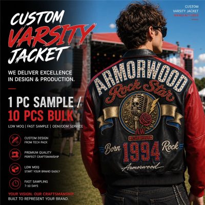 Custom Punk Rock Contrast Leather Varsity Jacket with Applique