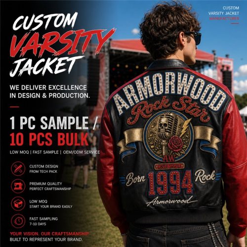 Custom Punk Rock Contrast Leather Varsity Jacket with Applique