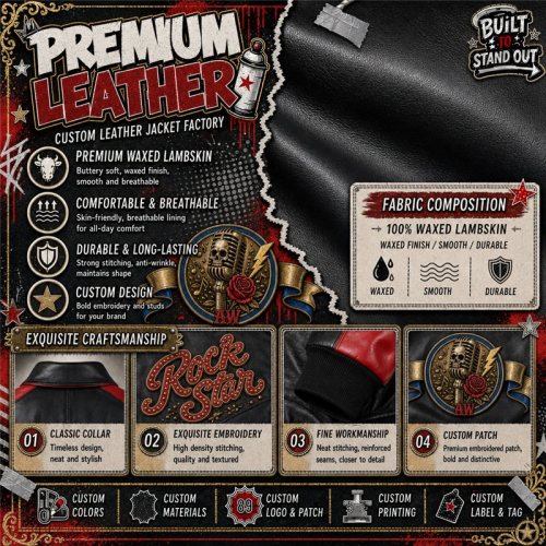 Custom Punk Rock Contrast Leather Varsity Jacket with Applique