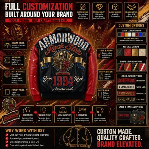 Custom Punk Rock Contrast Leather Varsity Jacket with Applique