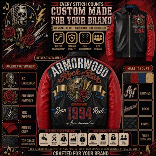 Custom Punk Rock Contrast Leather Varsity Jacket with Applique
