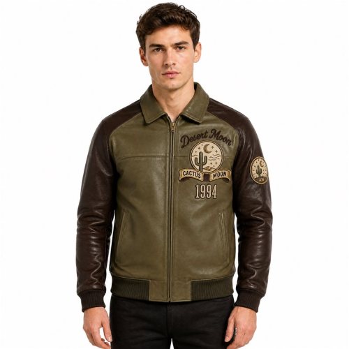 Color Block Men's Genuine Leather Jacket, Applique, Lambskin