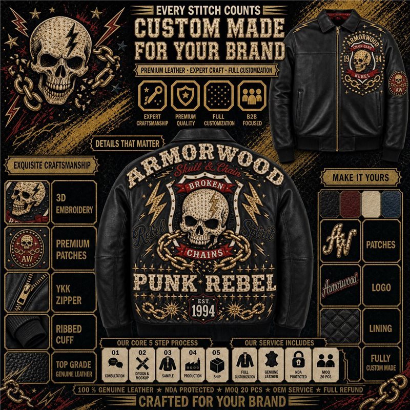 Custom Made Leather Jacket for Your Brand with Applique Embroidery Design