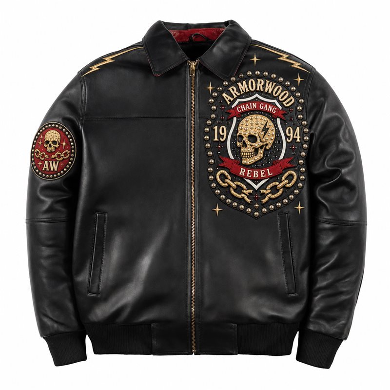 Custom Men's Punk Skull Applique Embroidery Leather Jacket