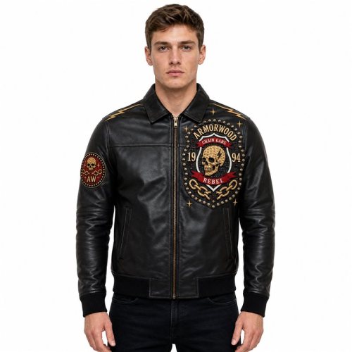 Custom Made Punk Style Men's Leather Jacket, Applique, Cowhide