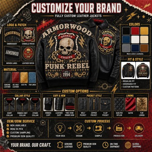 Custom Made Punk Style Men's Leather Jacket, Applique, Cowhide