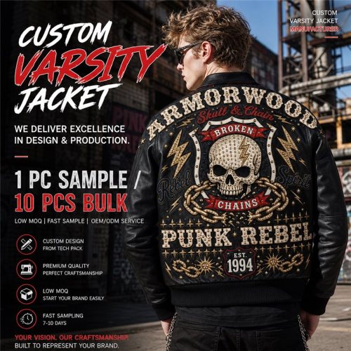 Custom Made Punk Style Men's Leather Jacket, Applique, Cowhide