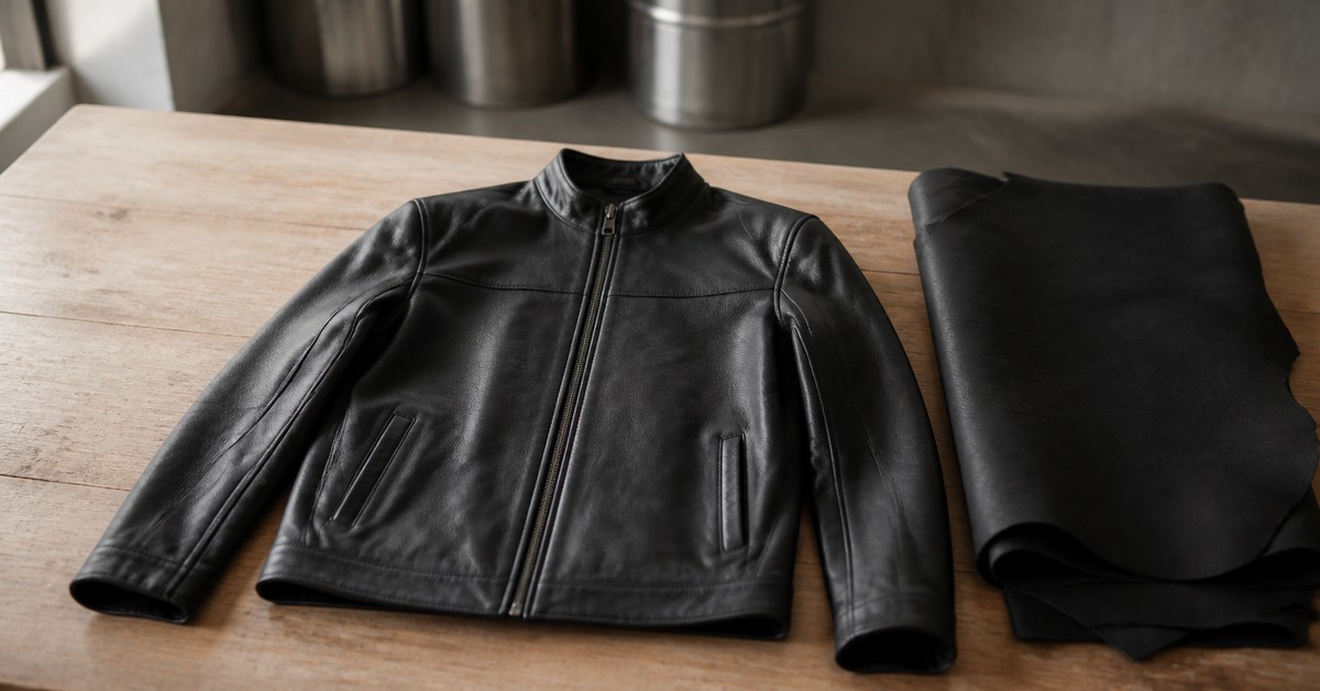 Finished men's leather jacket on a workshop bench as EU chemical restriction scope expands