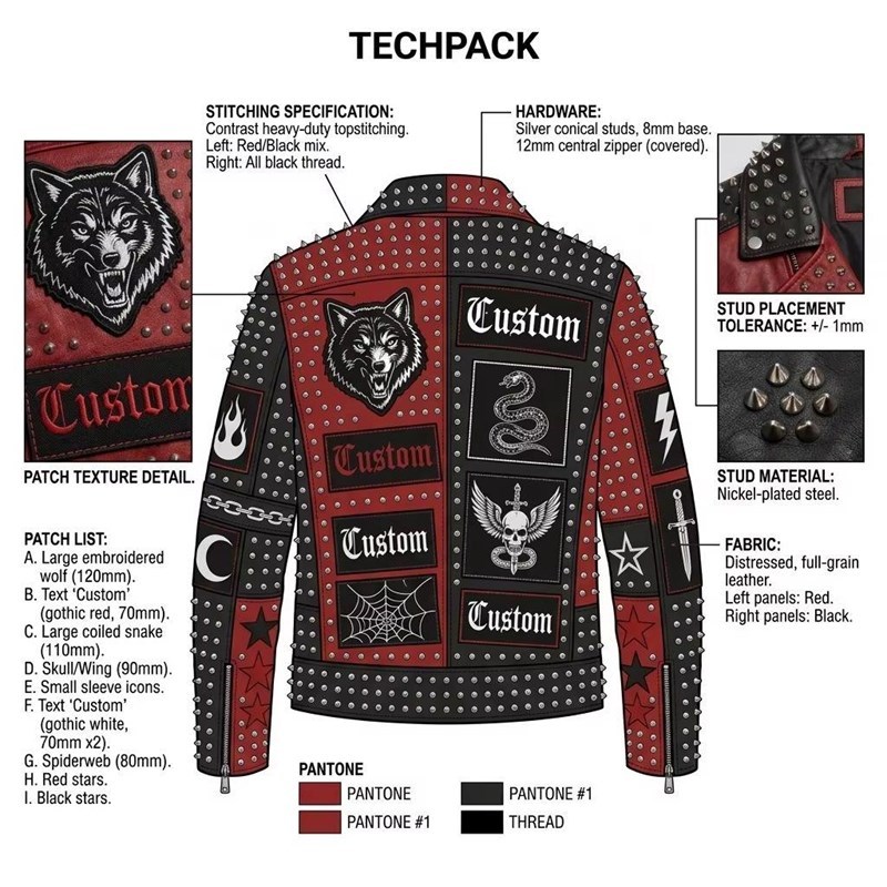 Custom Men's Leather Biker Jacket with Studded & Embroidered Detailing