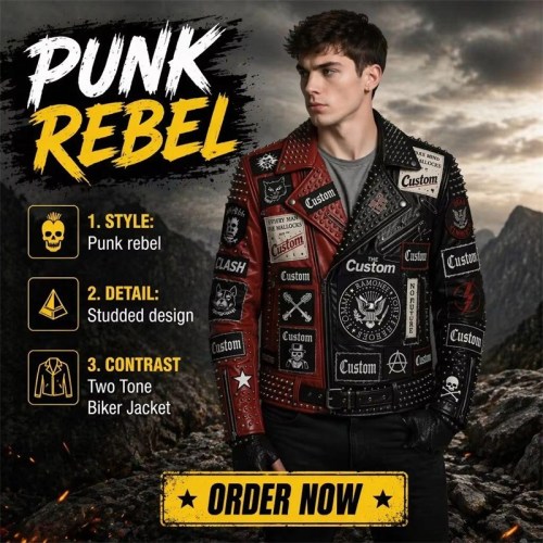 Custom Men's Leather Biker Jacket with Studded & Embroidered Detailing