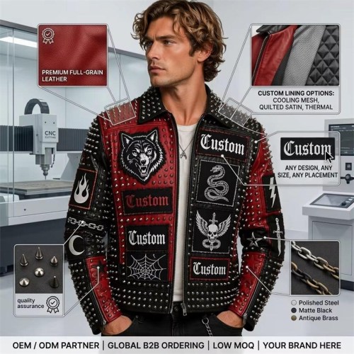 Custom Men's Leather Biker Jacket with Studded & Embroidered Detailing