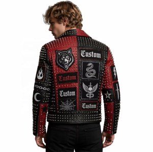 Custom Men's Leather Biker Jacket with Studded & Embroidered Detailing